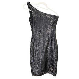 Amisu Womens One Shoulder Sequin Bodycon Cocktail Mini Dress Black Silver Size 6